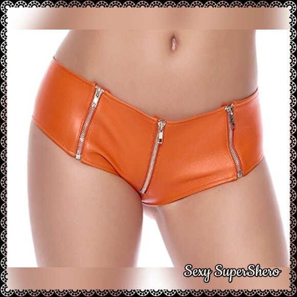 🆕🧡Orange Leather zip front booty short with zipper detail and zip front closur - Picture 2 of 8